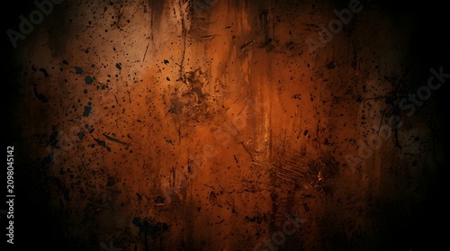 A dramatic and moody dark orange textured wall backdrop featuring weathered concrete details, deep black splatters, and a heavy vignette effect for a cinematic atmosphere.