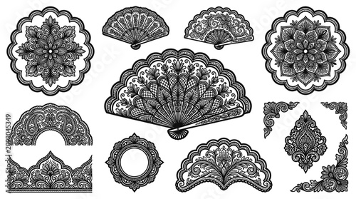 Collection of black lace decorative elements including folding fans mandalas and ornate floral borders on white background