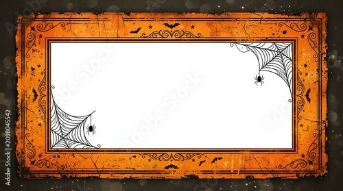 A vintage Halloween themed rectangular frame featuring distressed orange textures, elegant black filigree corners, spider webs, hanging spiders, and silhouettes of bats against a dark background.