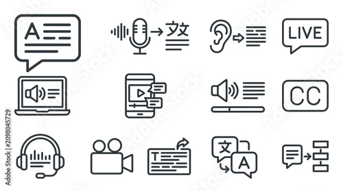 Konstfotografi Professional Black and White Line Icons Set Featuring Audio Video Live Streaming