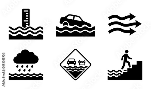Foto Flood Icons Set, Water Level Gauge, Submerged Car, Rainfall, Warning Sign, Risin