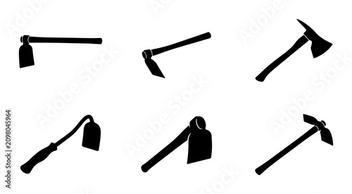 Fotografie Gardening Tools Collection, Hoe and Axe Silhouettes, Agricultural Implements Set