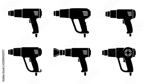 Konstfotografi Heat Gun Icons Set, Industrial Tool Vector Graphics, Hot Air Blower Silhouettes