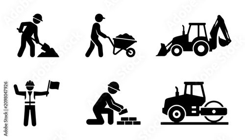 Obraz na plátně Construction Icons Set: Workers, Vehicles, Equipment, Building, Road Roller, Vec