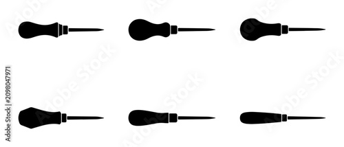 Foto Awl Tool Icons, Black Silhouette Set, Sewing, Leatherwork, Crafting Supplies