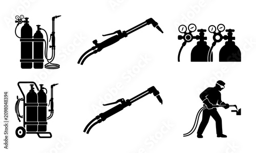 Fotografija Welding Torches, Gas Cylinders, and Worker Icons: Industrial Metalwork Equipment