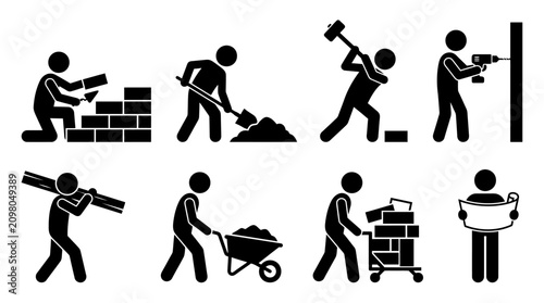 Construction worker stick figure icons performing building and renovation tasks on white background