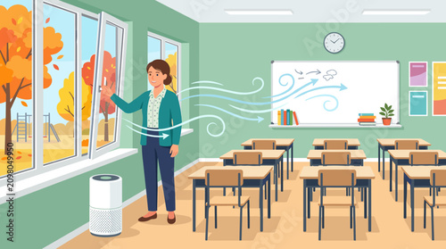 A female teacher opening a window in a school classroom to ventilate the room for fresh air. Vector illustration for education, health, and classroom safety.