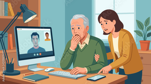 A concerned elderly man and woman feeling shocked while watching a video call on a computer, depicting potential online fraud, cybersecurity risks, or digital scam awareness.
