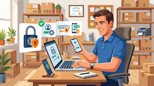 Man using laptop and phone for secure online account access in warehouse office. Illustration showing cybersecurity, verification, and authentication concepts for digital business.