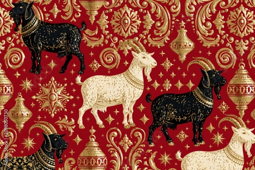 Ornate gold goat pattern on red background