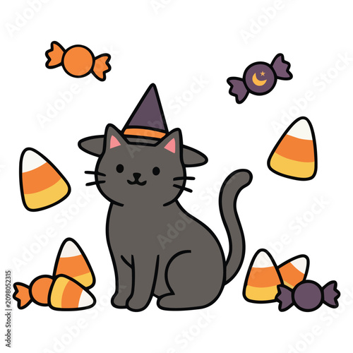 Halloween Cat Illustration With Candy And Witch Hat On White Background