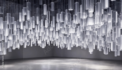 Modern architectural installation featuring numerous translucent hanging cylindrical light fixtures suspended from the ceiling in a large hall