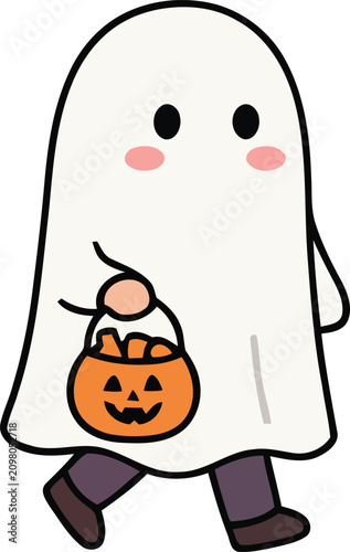 Ghost carrying jack o lantern bucket colorful vector illustration on white background