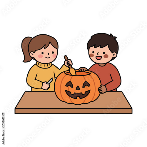 Children Carving A Pumpkin With Tools Vector Illustration
