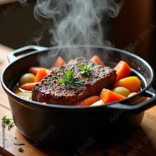 Hearty Pot Roast with Tender Carrots and Potatoes in Classic Cast Iron Dutch Oven