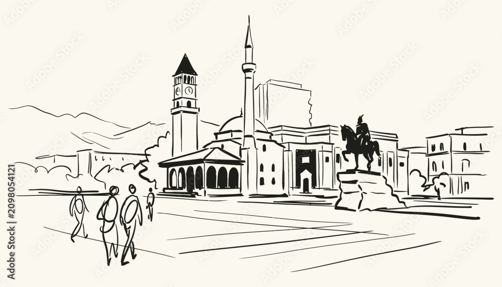 Fototapeta premium Hand-drawn ink sketch of Tirana Albania city square featuring mosque and clock tower