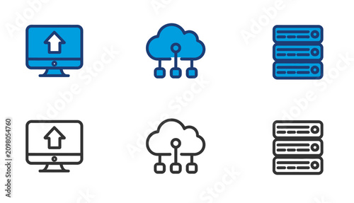 Bild auf Leinwand Cloud computing and data server icons blue and black line art set