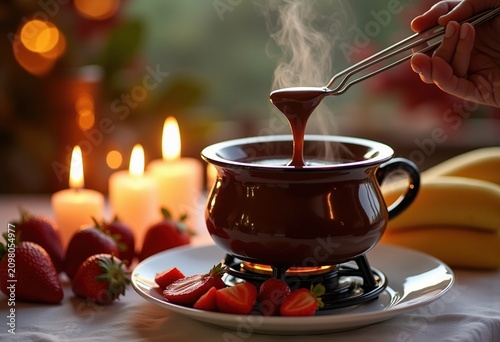 Romantic Chocolate Fondue Delight Pairing with Strawberries and Bananas on Elegant Table