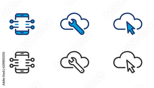 It support icons set mobile diagnostics cloud maintenance and data upload symbols