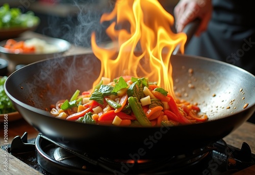 Stir-Frying Fresh Vegetables in a Steaming Wok: Dynamic Kitchen Scene Adventure