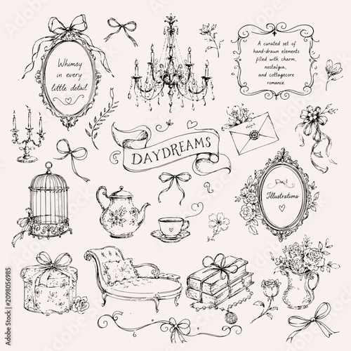 Whimsical Cottagecore Vintage Decorative Sketch Collection Romantic Hand Drawn Vector Illustrations with Frames, Bows, Chandelier, Teapot and Floral Decor