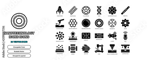 Photos nanotechnology nano flat icon set vector technology science solid glyph isolated