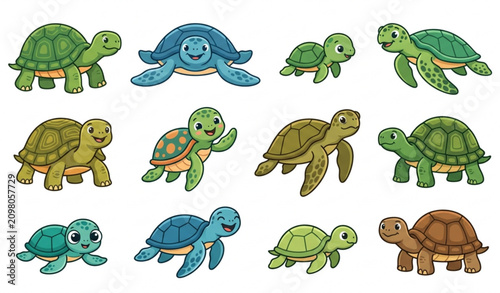 Foto Adorable Tortoise and Sea Turtle Character Collection Cartoon Vector Illustratio