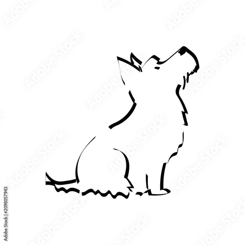 Cute black ink sketch of a Scottish Terrier sitting and looking up. Simple doodle pet portrait.