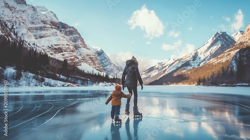 A child learning to skate on a frozen lake with a parent holding their hand, set against a backdrop of snow-covered mountains