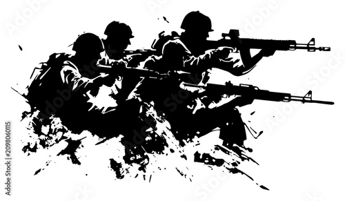 Bilde på lerret Soldiers in combat gear holding rifles with grunge ink splatter in silhouette st