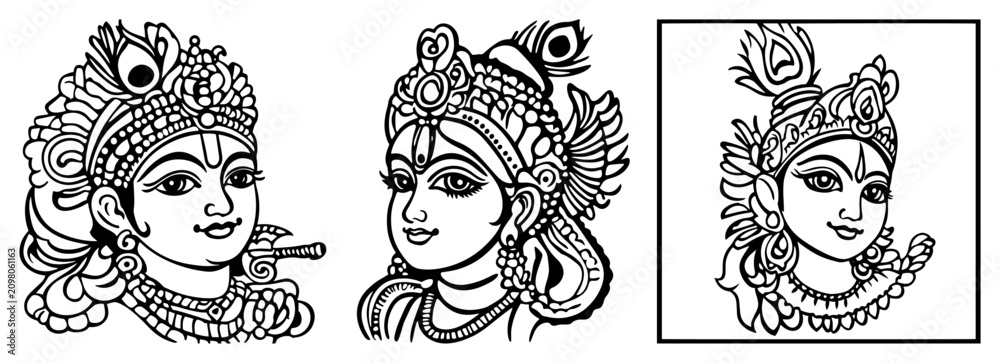 Obraz premium Krishna and Radha portraits in traditional Indian line art