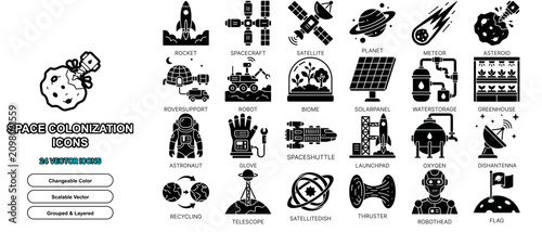 Photos space colonization flat icon set vector mars planet solid glyph isolated astrona