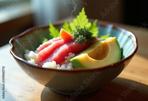 Minimalist Ceramic Bowl Filled with Tuna, Avocado, Seaweed, and Rice Fusion Delight