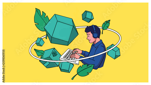Creative multitasking professional woman surrounded by floating digital icons and tech gadgets, concept for remote work productivity, digital nomad lifestyle, and innovative business solutions for