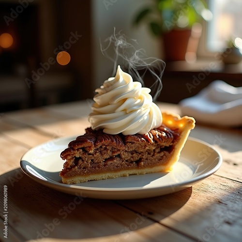 Pecan Pie Slice Whipped Cream Rustic Table Delight Cozy Atmosphere Natural Depth