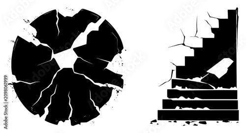 Foto Broken stone stairs and shattered circular disc in black silhouette graphic styl