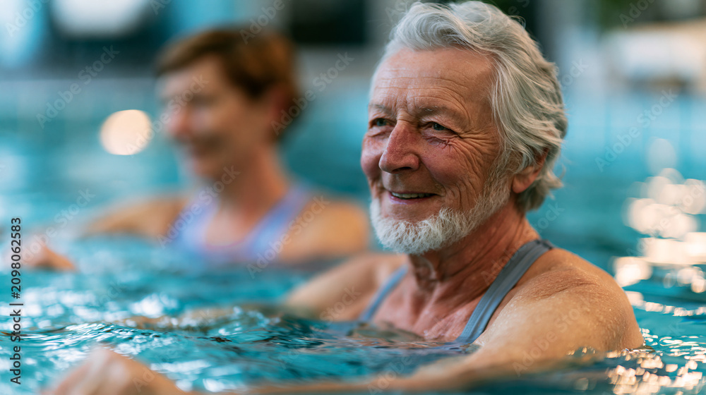 Fototapeta premium Close-up of an elderly couple doing gentle aqua exercises together in a swimming pool, joyful active participation, defocused pool interior in background, elderly couple pool