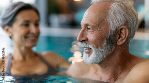 Faceless happy senior couple enjoying themselves in a pool, smiling and at ease in the water, defocused pool interior in background, happy seniors pool enjoyment concept