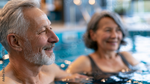 Faceless happy senior couple enjoying themselves in a pool, smiling and at ease in the water, defocused pool interior in background, happy seniors pool enjoyment concept