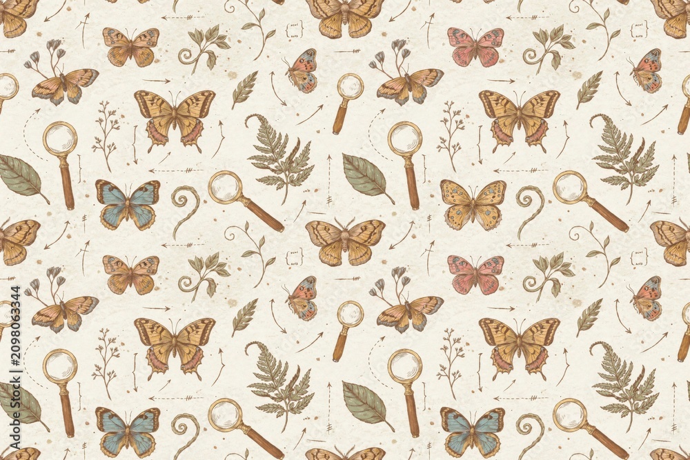 Fototapeta premium Seamless pattern featuring vintage hand drawn butterflies, magnifying glasses, fern leaves, and botanical on a textured beige background