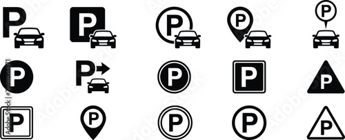 Parking lot, road signs and car icon