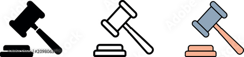 Tableau sur toile Legal justice gavel icon set featuring solid black outline and color vector graphics for law themes