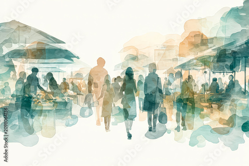 People in Vibrant Market Scene Watercolor Illustration
