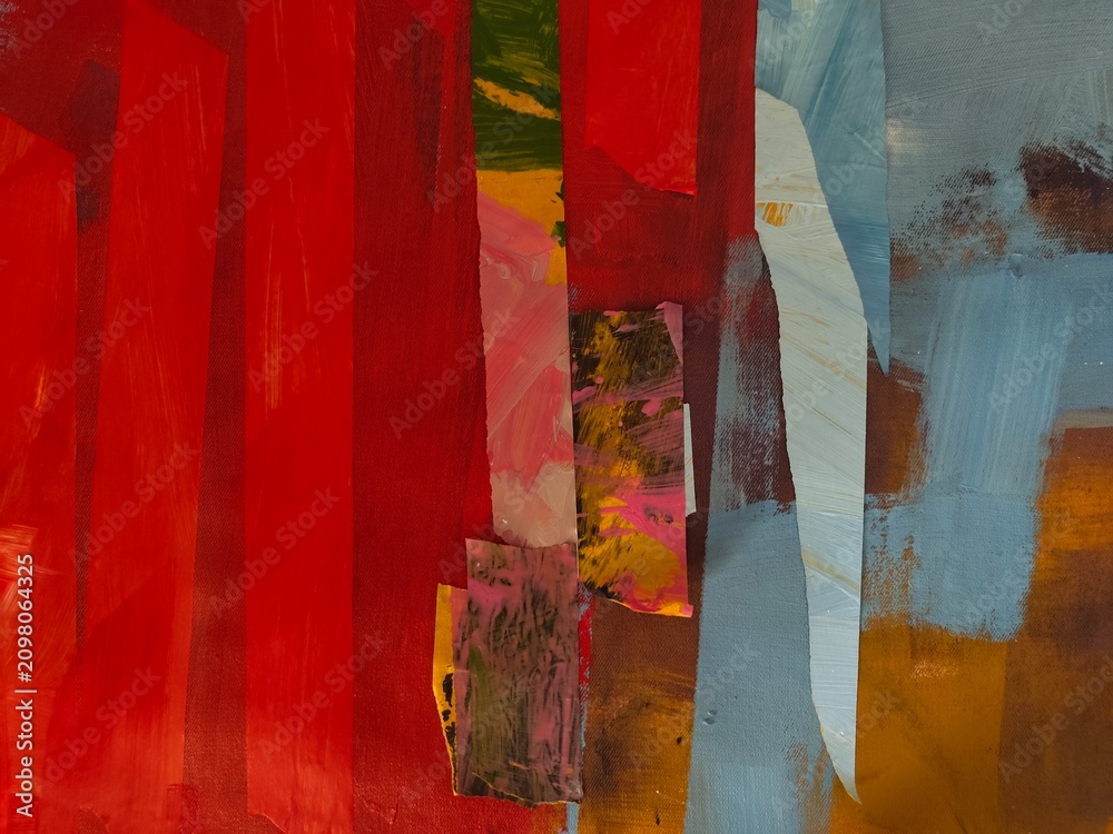 Fototapeta premium Vibrant collage with red panel, pale blue strips and pink texture