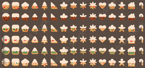 Cookie Christmas Day white chocolate coating set. Vector illustration.