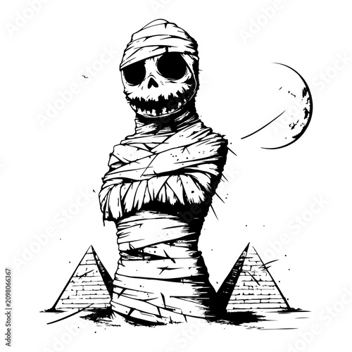 Obraz na plátne Egyptian mummy standing before pyramids under crescent moon spooky sketch style