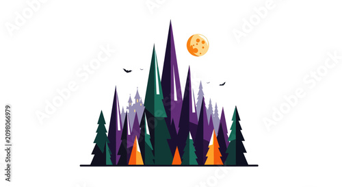 Photography Mysterious Forest Landscape with Full Moon and Silhouetted Birds