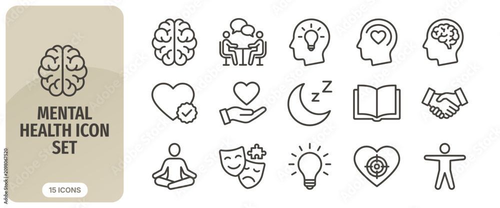 Naklejka premium Mental health line icon set vector outline icons for psychology, therapy, meditation, emotional wellness, brain, heart, sleep, mindfulness, and selfcare