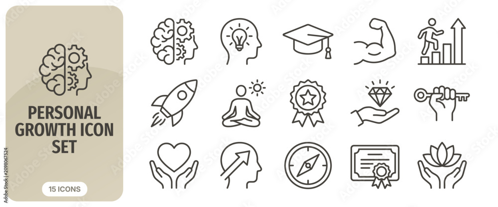 Obraz premium Personal growth icon set, vector illustration of human development, selfimprovement, education, motivation, success, mindfulness, and mental health concepts